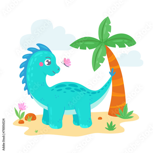 Cute hand drawn turquoise dinosaur with a butterfly. Funny smiling dino character on a background of palm tree in cartoon style. Print for baby posters, cards, clothes, cover. Vector illustration