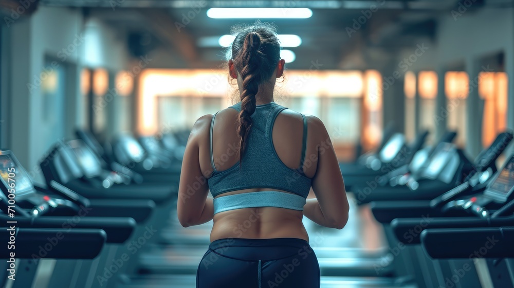 Very fat woman on treadmill in gym. Generative AI. Very fat woman on treadmill in gym. Generative AI.