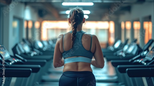 Very fat woman on treadmill in gym. Generative AI.