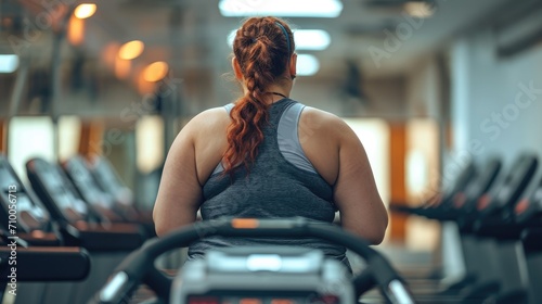 Very fat woman on treadmill in gym. Generative AI.