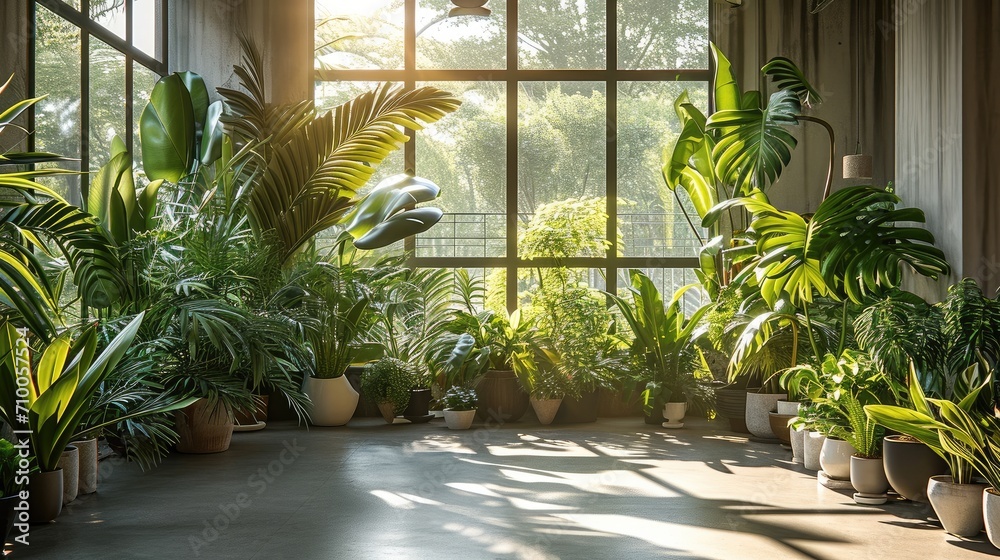 A modern room filled with different types of plants. Generative AI.