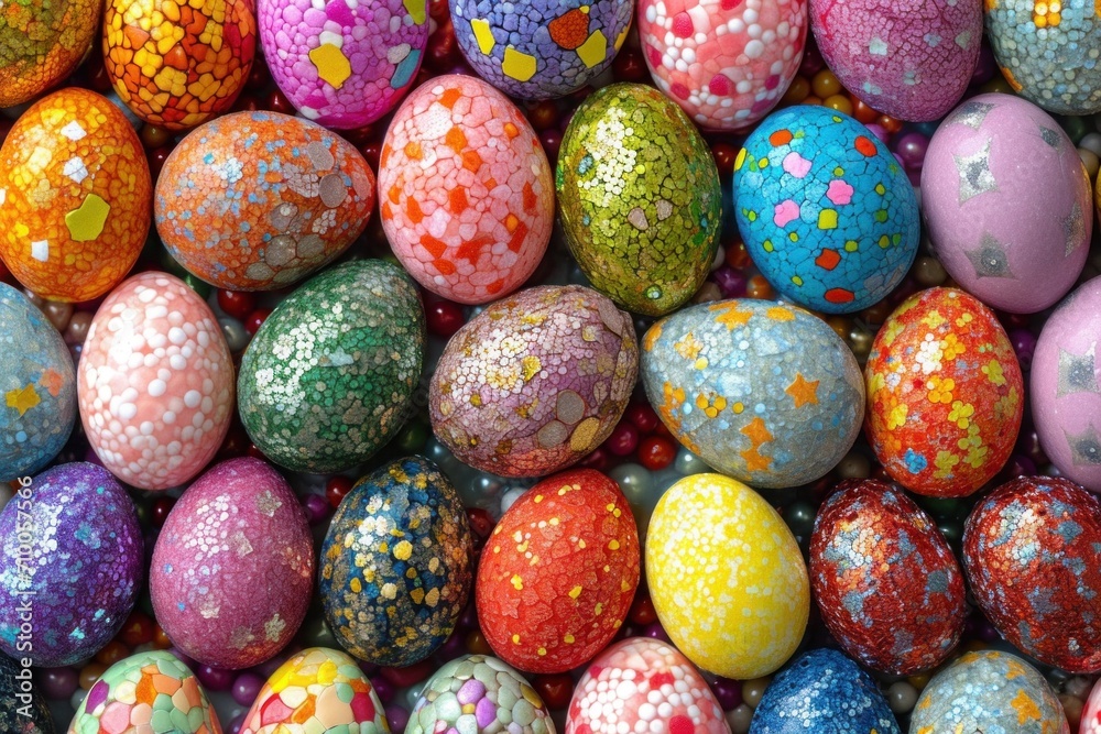 A vibrant mosaic of colorful Easter eggs with a glossy finish, easter background A vibrant mosaic of colorful Easter eggs with a glossy finish, easter background