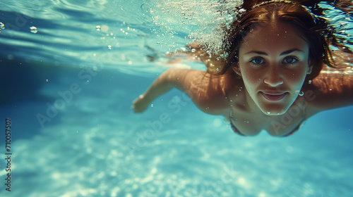 A woman with azure eyes, clad in a bikini, glides underwater towards the camera in a pool