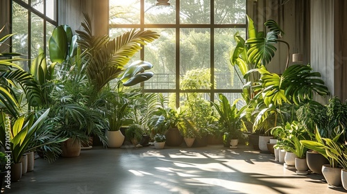 A modern room filled with different types of plants. Generative AI. photo