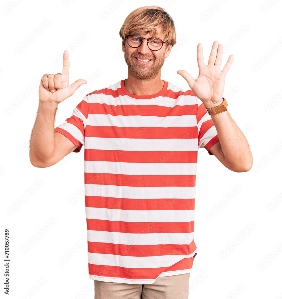 Handsome caucasian man with beard wearing casual clothes and glasses showing and pointing up with fingers number seven while smiling confident and happy. Handsome caucasian man with beard wearing casual clothes and glasses showing and pointing up with fingers number seven while smiling confident and happy.