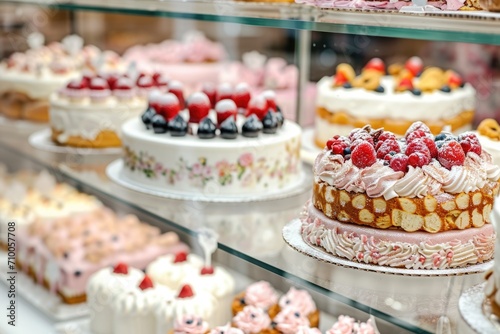 A selection of beautifully decorated pastries, including cupcakes and cream-filled delights, displayed in a patisserie case..