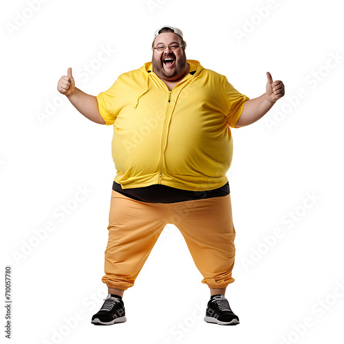 Happy fat man starting to exercise on PNG transparent background