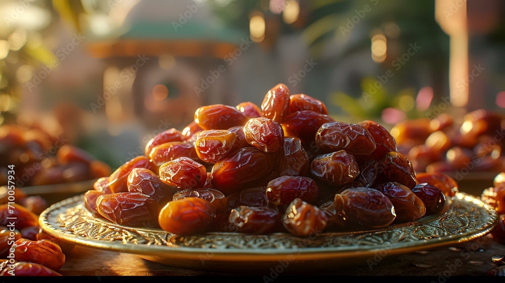 Dates fruit on a golden plate. The concept of Ramadan Kareem. Dates fruit on a golden plate. The concept of Ramadan Kareem.