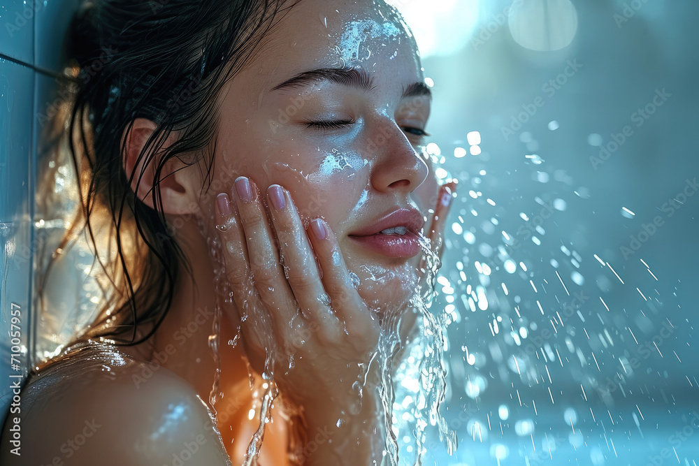 Beautiful Woman Washing Her Face And Playfully Splashing Water In Bathroom, Skin Care, Self Care. Generative AI.