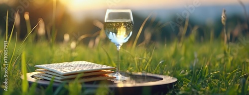 Passover Celebration with Matzah and White Wine. The setting sun casts a soft glow on unleavened bread and a filled glass, symbolizing Jewish heritage. Panorama with copy space. photo