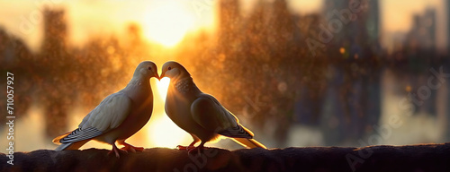 Two pigeons Sharing a Sunset Moment. A pair of lovebirds silhouette, their beaks touching in a tender display of affection. International Kissing Day. Panorama with copy space. photo