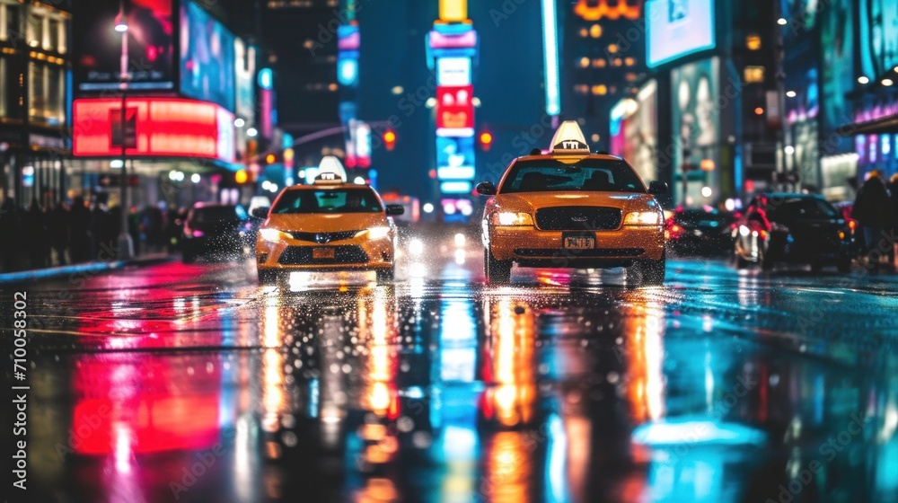 banner, Busy downtown streets with neon signs, Glittering city street at night with taxis and vibrant reflections on the wet road.., time lapse of traffic at night,  - obrazy, fototapety, plakaty 