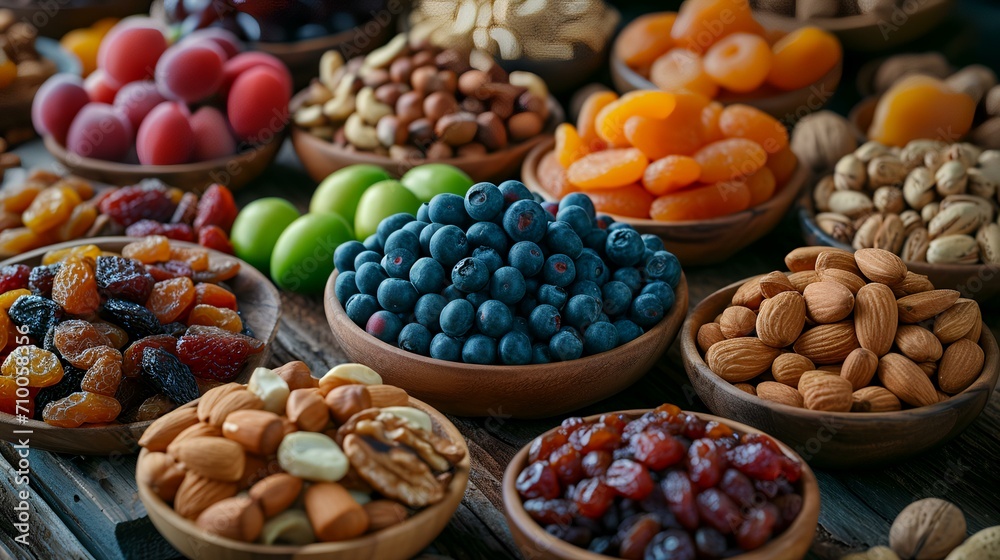 Mix of dried fruits and nuts in wooden bowls on wooden table. - obrazy, fototapety, plakaty 