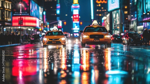 banner, Busy downtown streets with neon signs, Glittering city street at night with taxis and vibrant reflections on the wet road.., time lapse of traffic at night, 