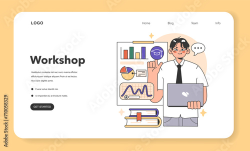 Training workshop web banner or landing page. Interactive training process. Professional development. Increasing of business competences and skills. Flat vector illustration