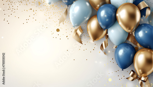 Holiday background with golden and blue metallic balloons, confetti and ribbons created with Generative Ai