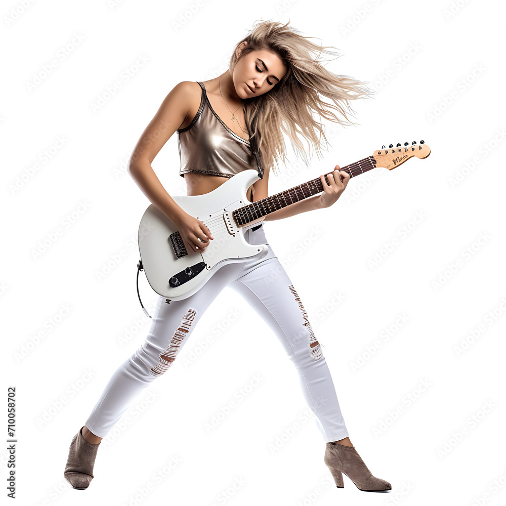 Woman having fun playing guitar on PNG transparent background
