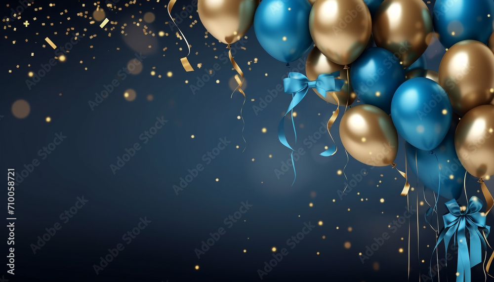 Holiday background with golden and blue metallic balloons, confetti and ribbons created with Generative Ai Holiday background with golden and blue metallic balloons, confetti and ribbons created with Generative Ai