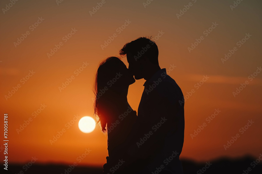 Silhouette of a young couple in love kissing on background of the orange sky during sunset.