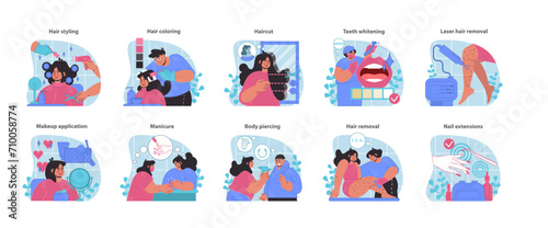 Salon essentials set. Creative hair design, color treatments, and nail artistry. Showcasing beauty enhancements and personal grooming. Flat vector illustration.