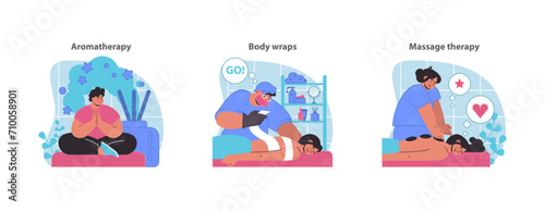 Relaxation therapy set. Aromatic experiences, detoxifying body wraps, and therapeutic massages for wellness. Flat vector illustration.