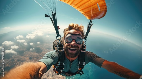 A man in the air jumping with a parachute with protective glasses. Generative AI. photo