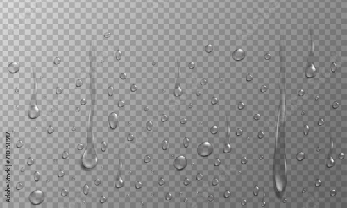 Realistic rain drops background, water condensation droplets on transparent glass photo