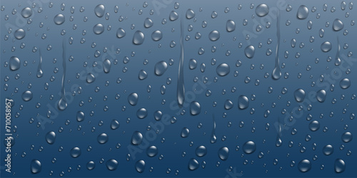 Rain water drops on blue metallic background, 3d vector condensation design