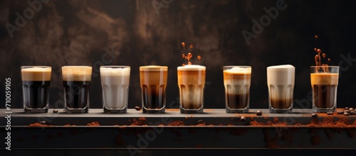 Multiple espressos presented on a dim backdrop photo