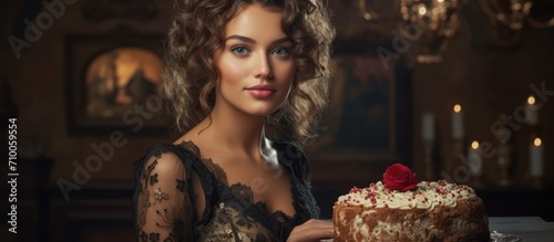 Content young lady with Panettone cake indoors. photo