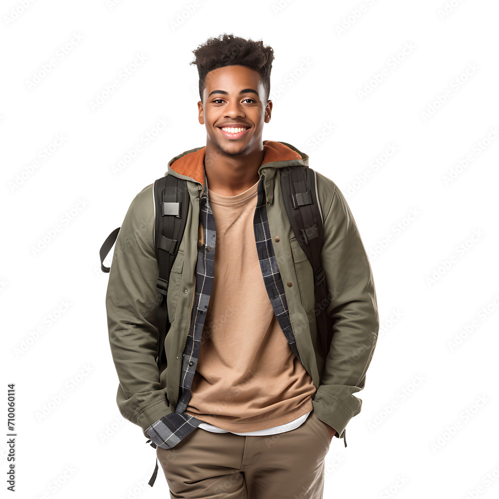 Black American male student smiling happily on PNG transparent background