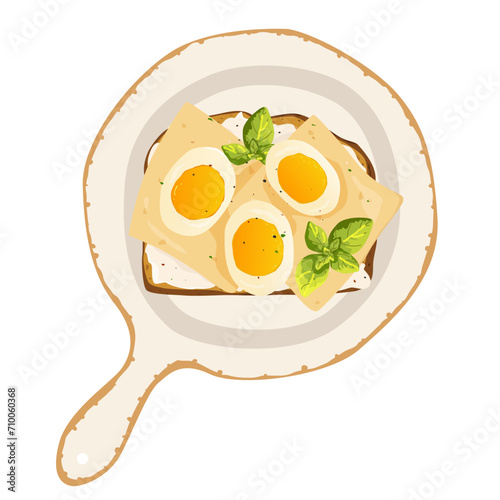 Breakfast toast with cream cheese, boiled eggs and cheese with dirks on a plate. Basil. Crispy bread. Healthy breakfast. Sandwich. Vector illustration.