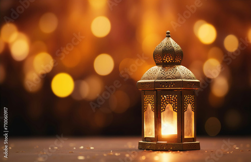 Old metal decorative ornamental Moroccan lantern glowing at night. Festive glittering golden bokeh lights, blurred background. Party confetti on floor. Ramadan Kareem, Eid ul Fitr muslim holiday. 
