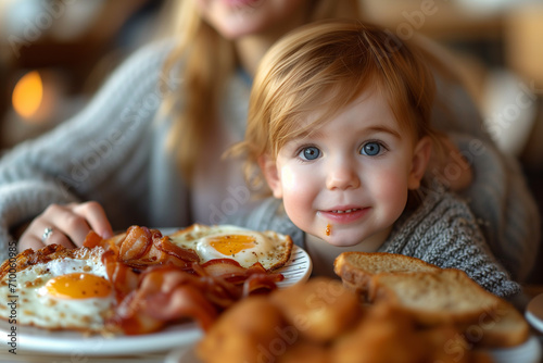 a baby eating an english breakfast