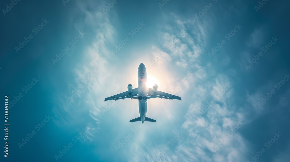 Fototapeta premium Airplane flying in the air with sunlight shining in blue sky background