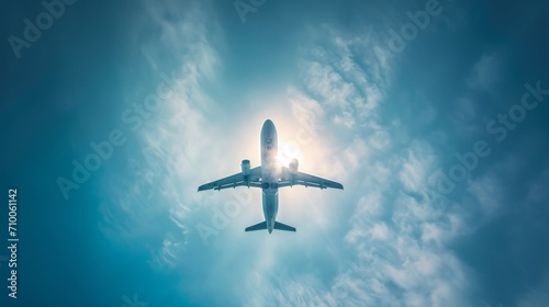 Airplane flying in the air with sunlight shining in blue sky background