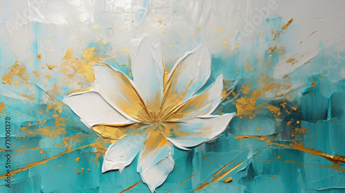 Closeup of abstract rough white, turquoise, golden art painting, one white flower or blossom, with oil brushstroke, pallet knife painting, texture photo