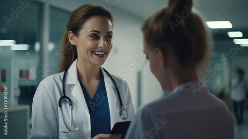 "Modern healthcare connection: A female doctor with a tablet talks to a smiling patient in a hospital.