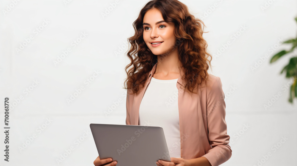 Naklejka premium Businesswoman's Tool: Laptop with Ample Copy Space