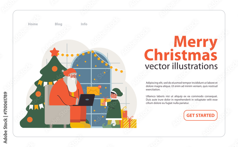 Christmas celebration web banner or landing page. Santa Claus sitting in the chair with a laptop checking emails. Elf with parcels for children packing toys. Flat vector illustration