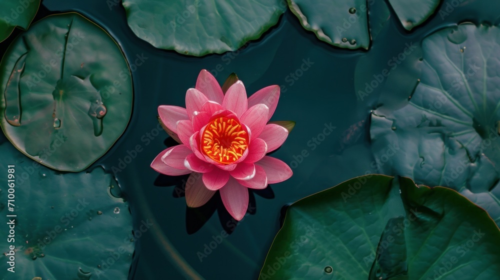 From above of bright blooming pink water lotus flower