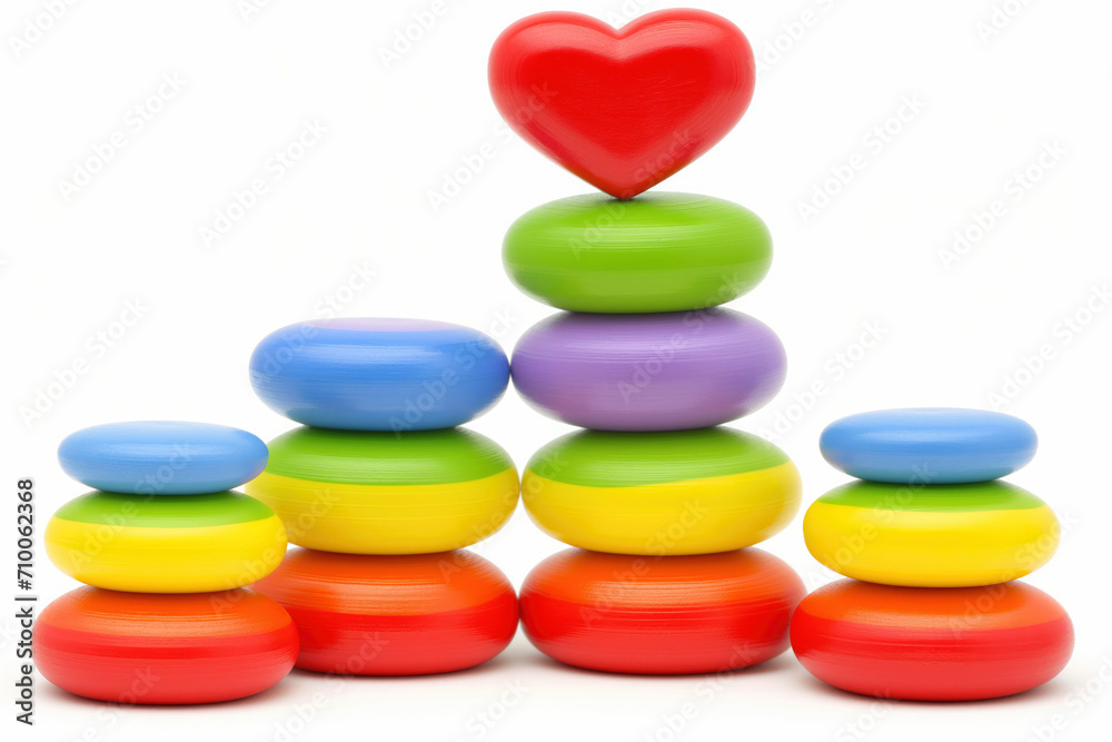 Oval colorful stones, red heart on top, white background Oval colorful stones, red heart on top, white background
