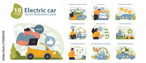 Electric Car Vector Illustrations Pack. A comprehensive set of visuals exploring electric vehicle technology, sustainability, and industry growth. Flat vector illustration.
