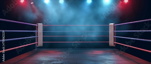 Empty professional boxing ring in the dark, illuminated spotlight. Sport background. © Yuliia