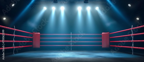 Empty professional boxing ring in the dark, illuminated spotlight. Sport background. photo