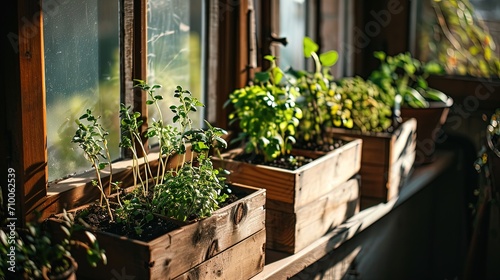 Home gardening. Wooden boxes with seedlings on the windowsill. Copy space.