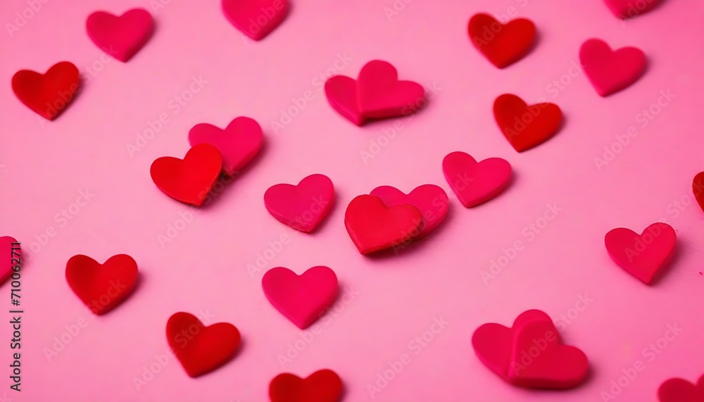 Red heart shaped confettis on pastel pink background 