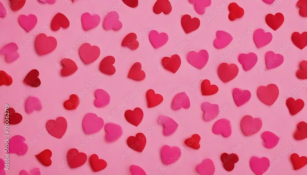 pattern of pink and red hearts confettis on pastel pink background