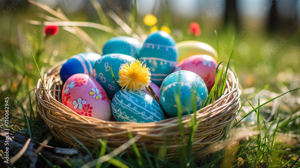 Happy Easter. Easter eggs on the grass on a sunny spring day.Generative AI Happy Easter. Easter eggs on the grass on a sunny spring day.Generative AI