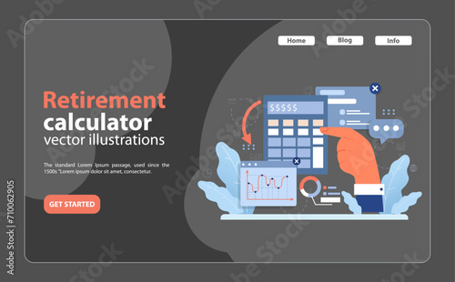 Financial independence, FIRE night mode or dark mode web banner or landing page. Female character successfully invests money to IRA. Pension pension calculator. Flat vector illustration